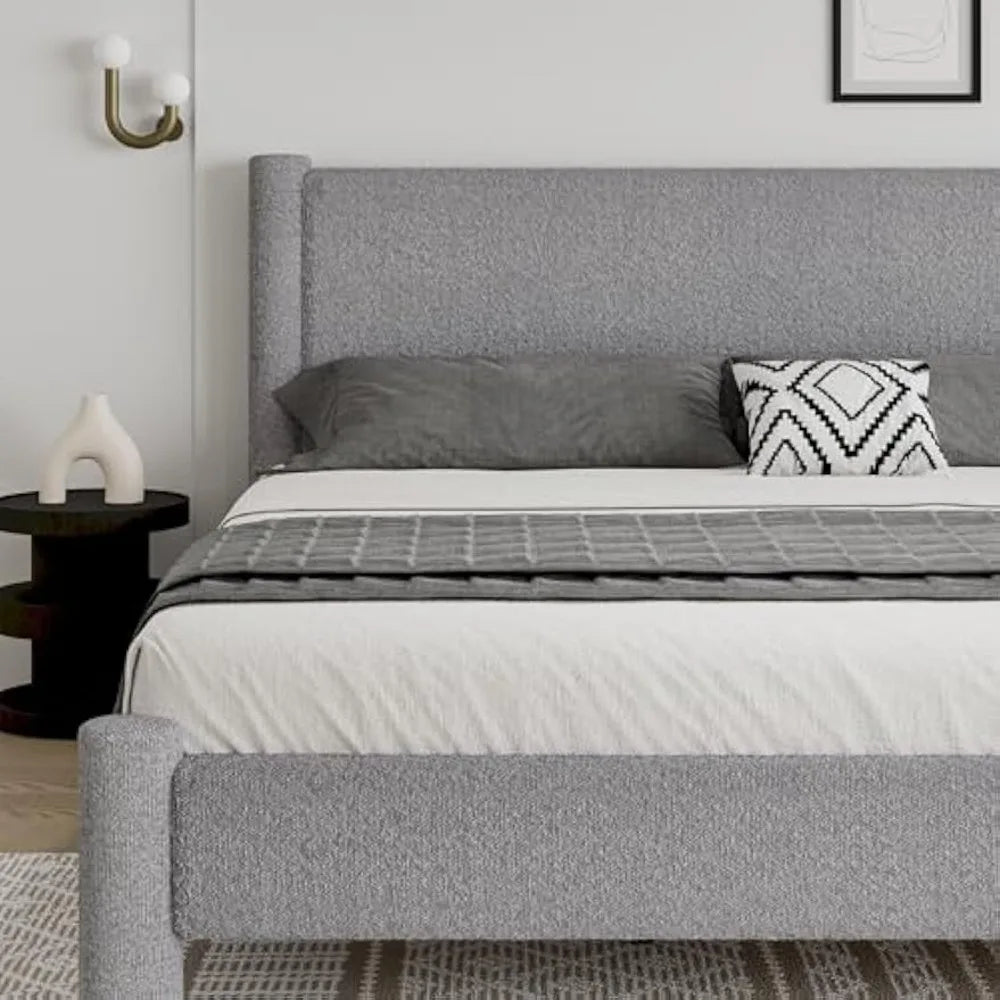 HUANZHUANG Boucle Upholstered Platform Bed Frame Headboard
