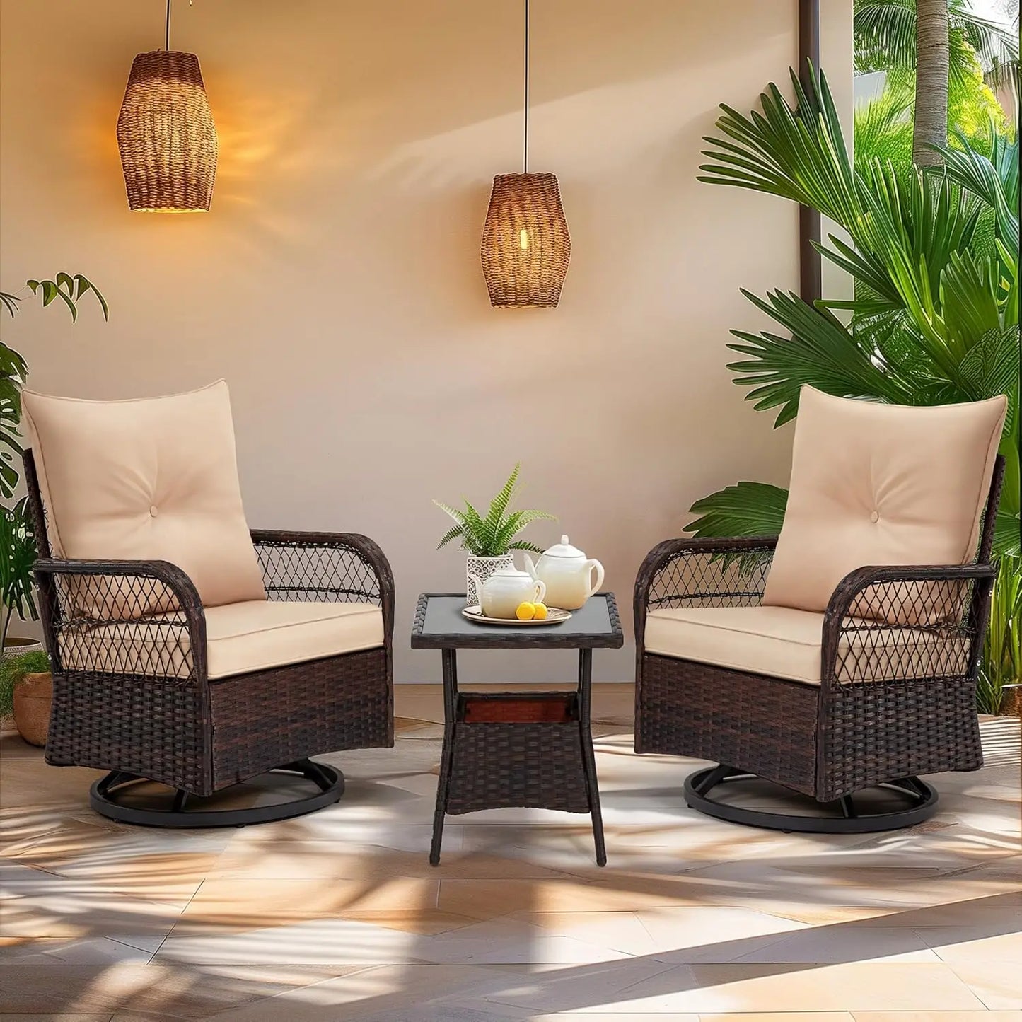 3 Pieces Patio Furniture Set, Outdoor Swivel Patio Rocker Chairs with Thick Cushions and 2-Tier Coffee Table