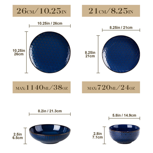 MALACASA LYDIA 12/16 Piece Ceramic Dinnerware Set Modern Relief Design with 4/8 pcs Dinner Plate/Dessert/Soup/Cereal Bowl