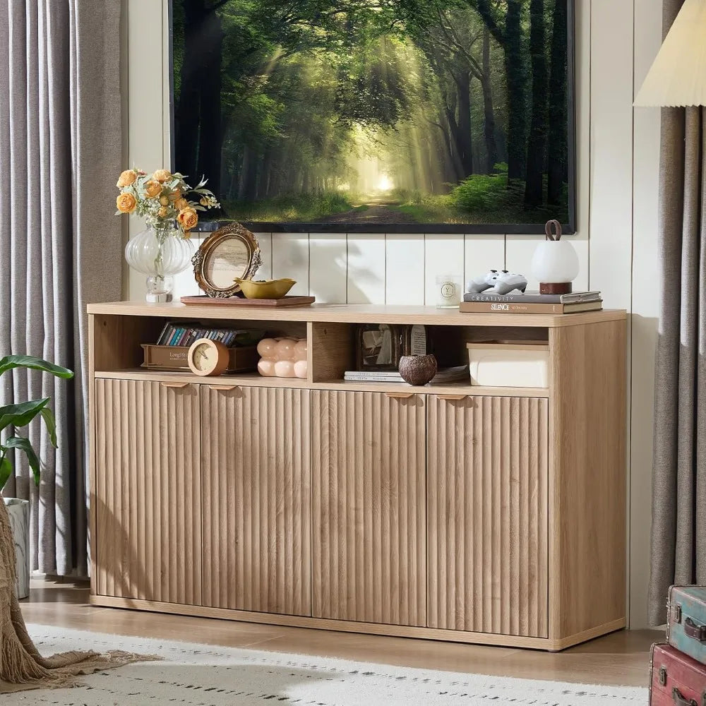 55" Wide Luted Buffet Cabinet with 4 Doors & Open Shelf | Modern Wood Sideboard for Dining/Kitchen Entryway