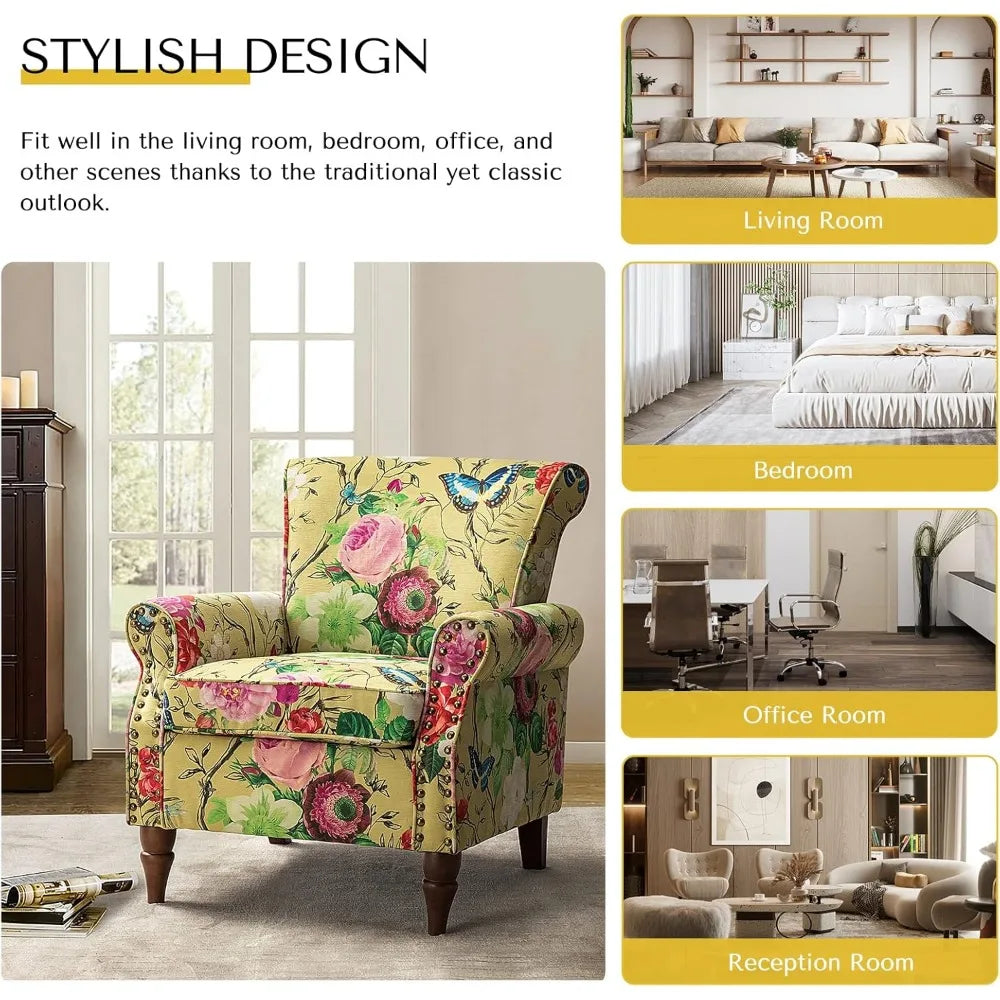 Contemporary Wingback Accent Chair with Wooden Legs and Removable Cushion, Plush Upholstered Armchair featuring Nailhead Trim, F