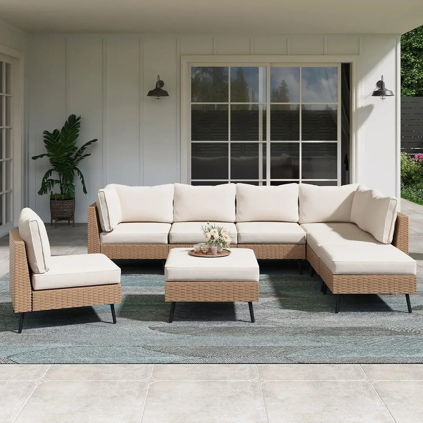 Outdoor Patio Furniture, 8 Piece Outdoor Sectional Sofa PE Rattan Wicker Patio Conversation Sets
