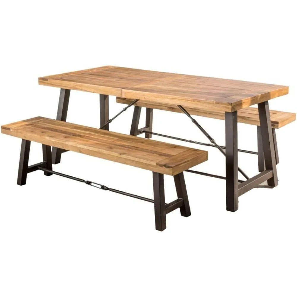 3 Piece Wood Outdoor Furniture Set Two Benches One Table