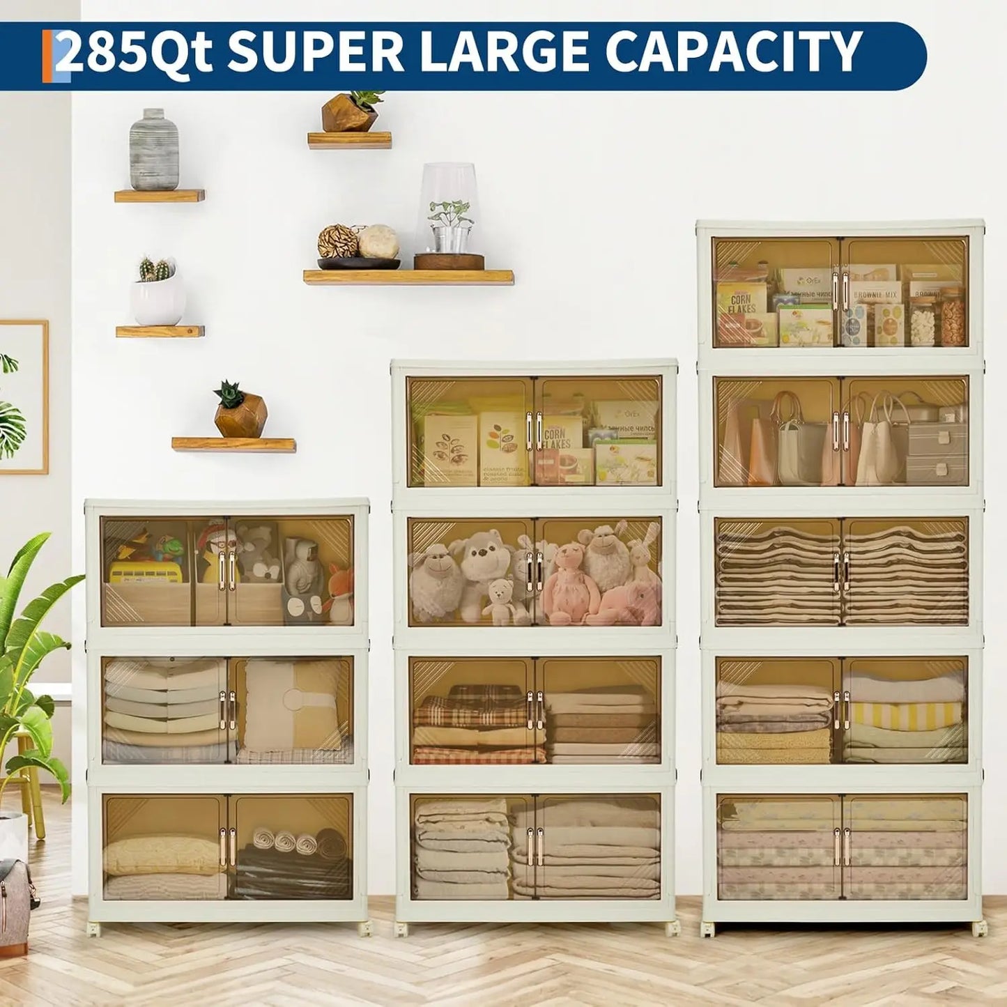 504QT Stackable Storage Bins, Plastic Bins for Storage with Lids,Magnetic Doors,Foldable Collapsible Closet Organizers for Home