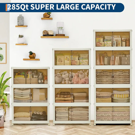 504QT Stackable Storage Bins, Plastic Bins for Storage with Lids,Magnetic Doors,Foldable Collapsible Closet Organizers for Home