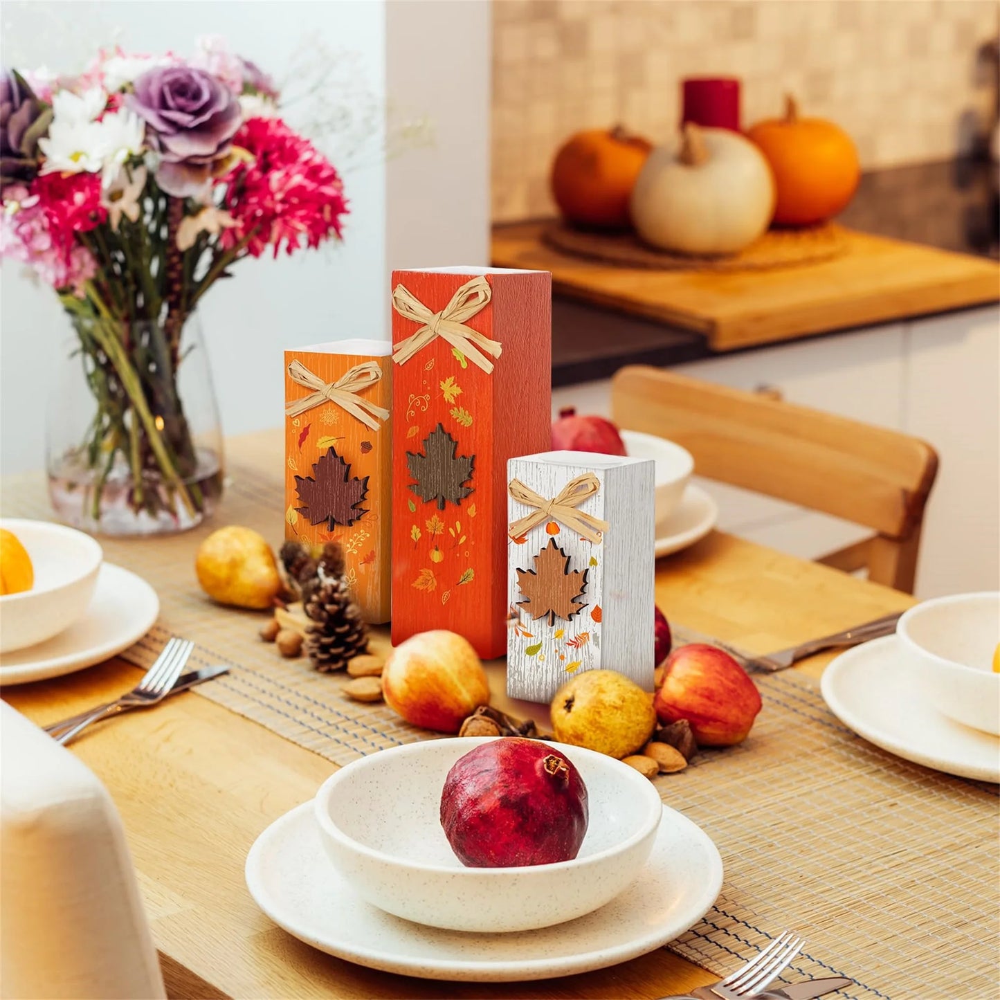 Rustic Autumn Tabletop Decor Set with Wooden Standing Blocks and Letter Print Signs for Tiered Trays 3 Pieces