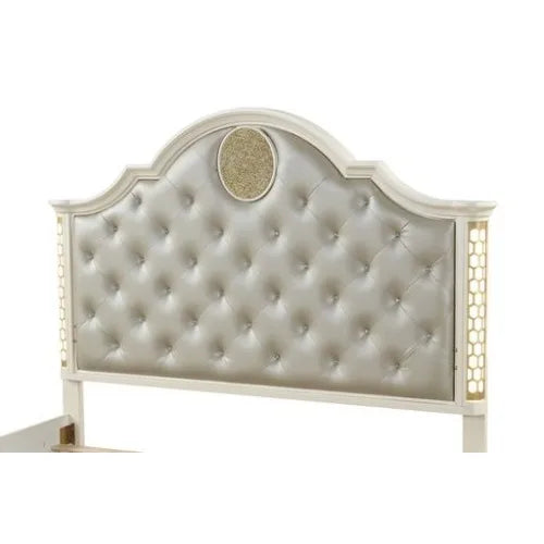 Queen Size 5 Piece LED Vanity Bedroom Set In Beige Wood