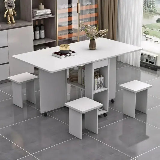 Folding Drop Leaf Dining Table Set for 4 with 4 Chairs, Space Saving Foldable Dining Table with Storage and Wheels, 47.2" D x