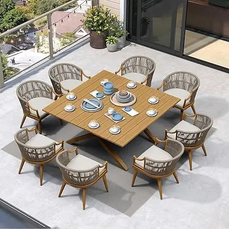 9 Pieces Outdoor Dining Set All Weather Wicker Patio Dining Set with Square Aluminum Table and Modern Armrest Dining Chairs for