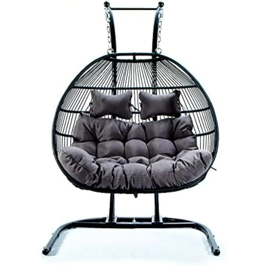 Double Hanging Egg Chair Swing - 2 Person Heavy Duty Hanging Wicker Rattan Swing Chair with Foldable Basket, Chair Swing