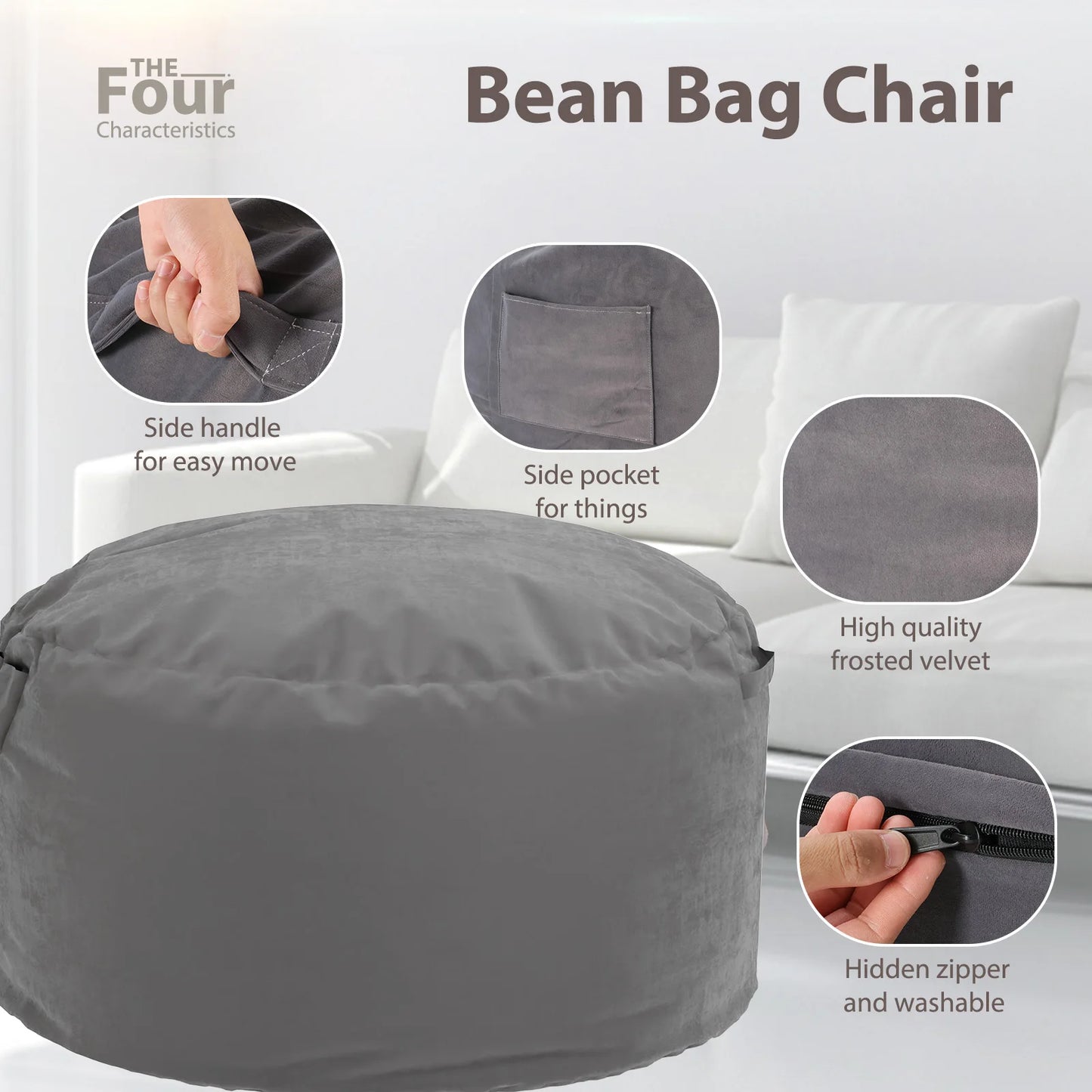 JHK Oversized 3/4FT Bean Bag Chair for Gaming Reading Lazy Sofa Foam Filled Couch with Removable Cover Living Room Furniture