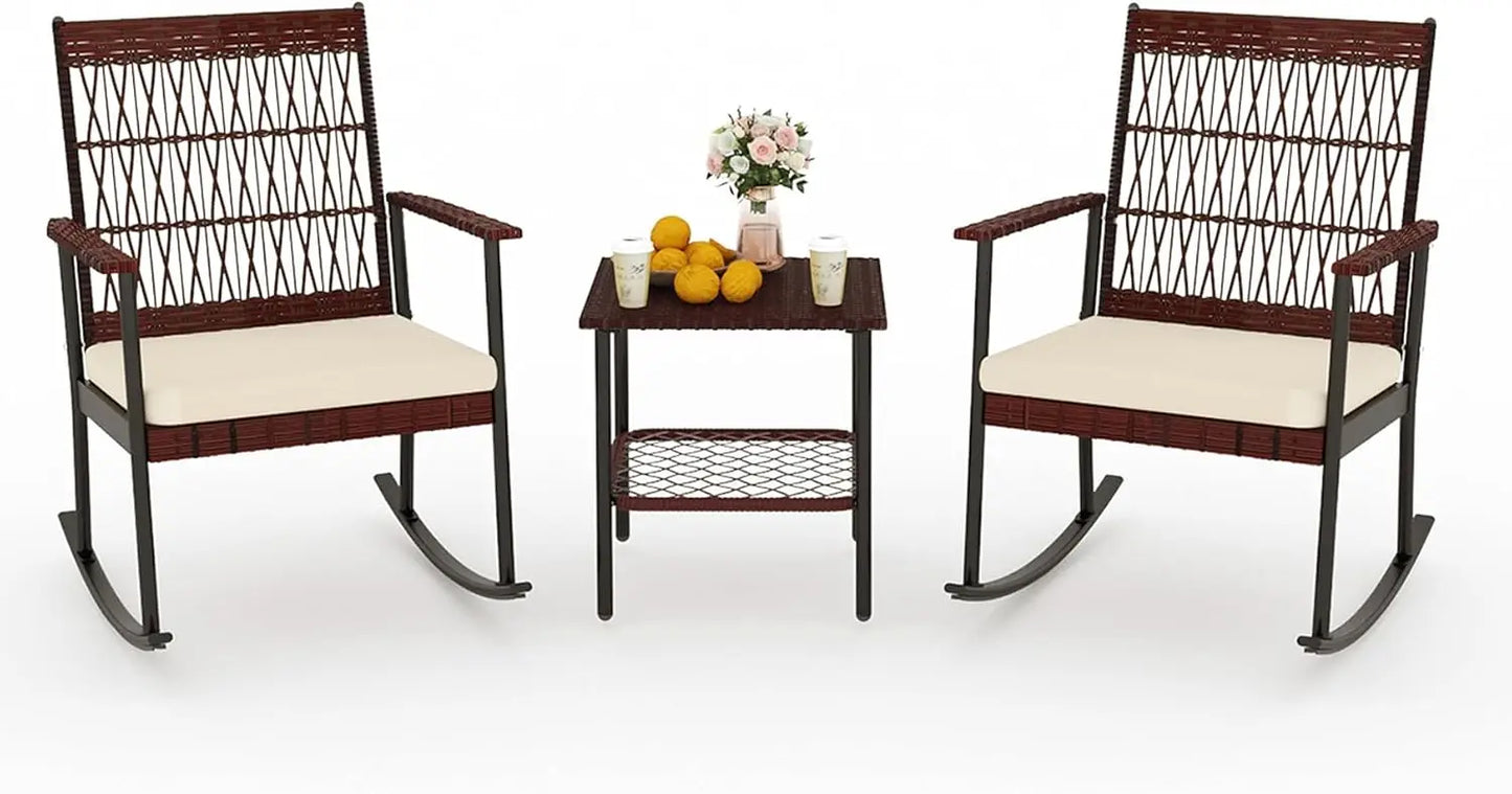 3 Piece Patio Conversation Set, Outdoor Rocking Chairs Set of 2, Wicker Furniture Set with Glass Top Coffee Table and Cushions