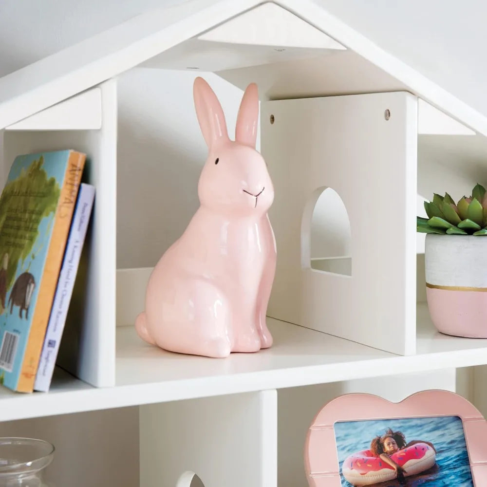 Kids Jr. Dollhouse Bookcase - Creamy White: Wooden Organizer Shelves with Two Storage Compartments for Books, Dolls