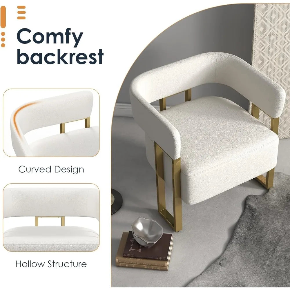 White Sherpa Boucle Accent Chair Set of 2, Modern Armchair Bucket Chair Comfy Side Chair Round Arm Chairs for Living Room