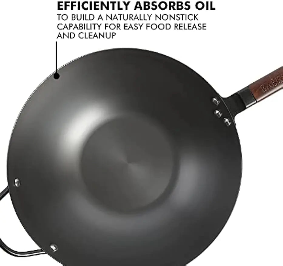 14-Inch Carbon Steel Flat Bottom Wok Pan for Stir Frying, Even Heat Distribution & Nonstick