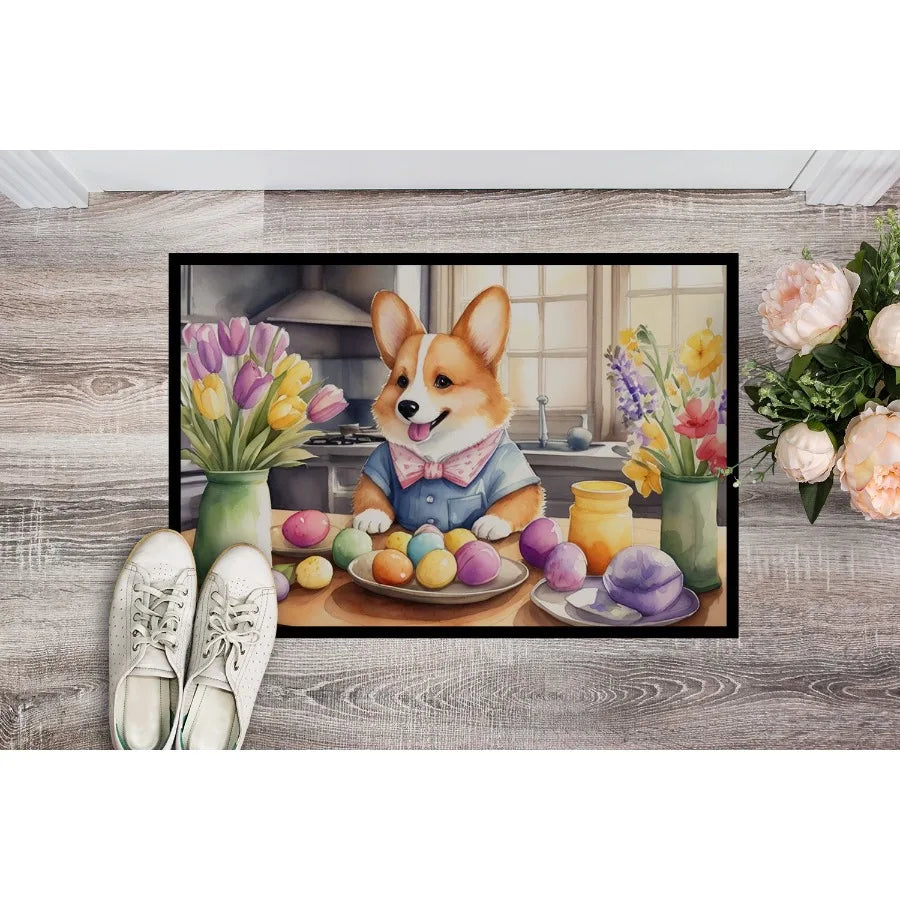 Drating Easter Corgi Doormat Front Door Mat Indoor Outdoor Rugs for Entryway Non Slip Washable Low Pile 24H X 36W