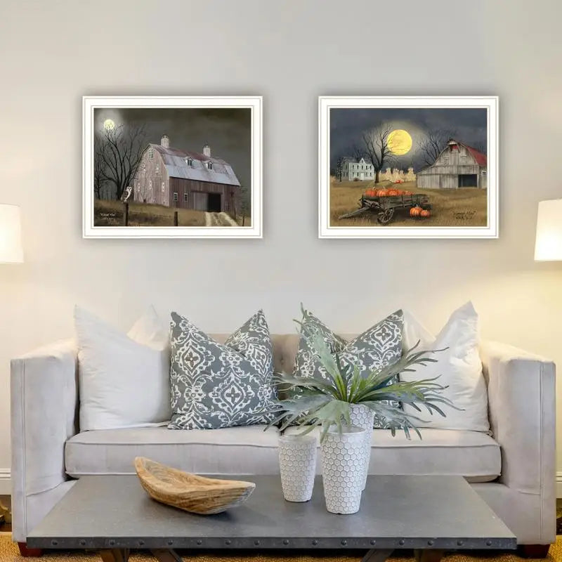 Autumn Moonlit Nights 2-Piece Framed Wall Art Print for Living Room and Bedroom Home Decor