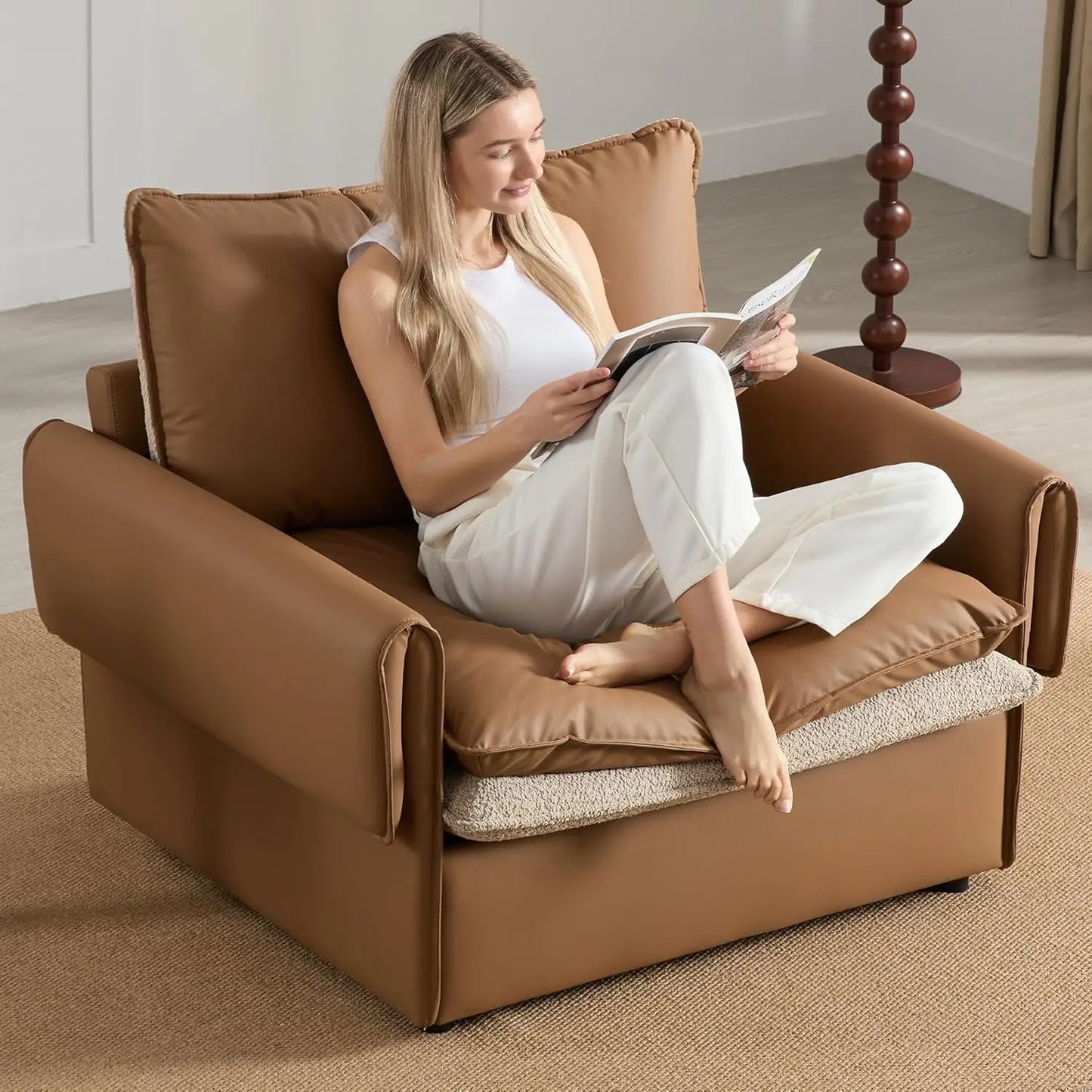 Oversized Armchair Accent Chair Reading Chair with 4 Cushions,Single Sofa Lounge Living Room Chair with Feather and Doll-Cotton