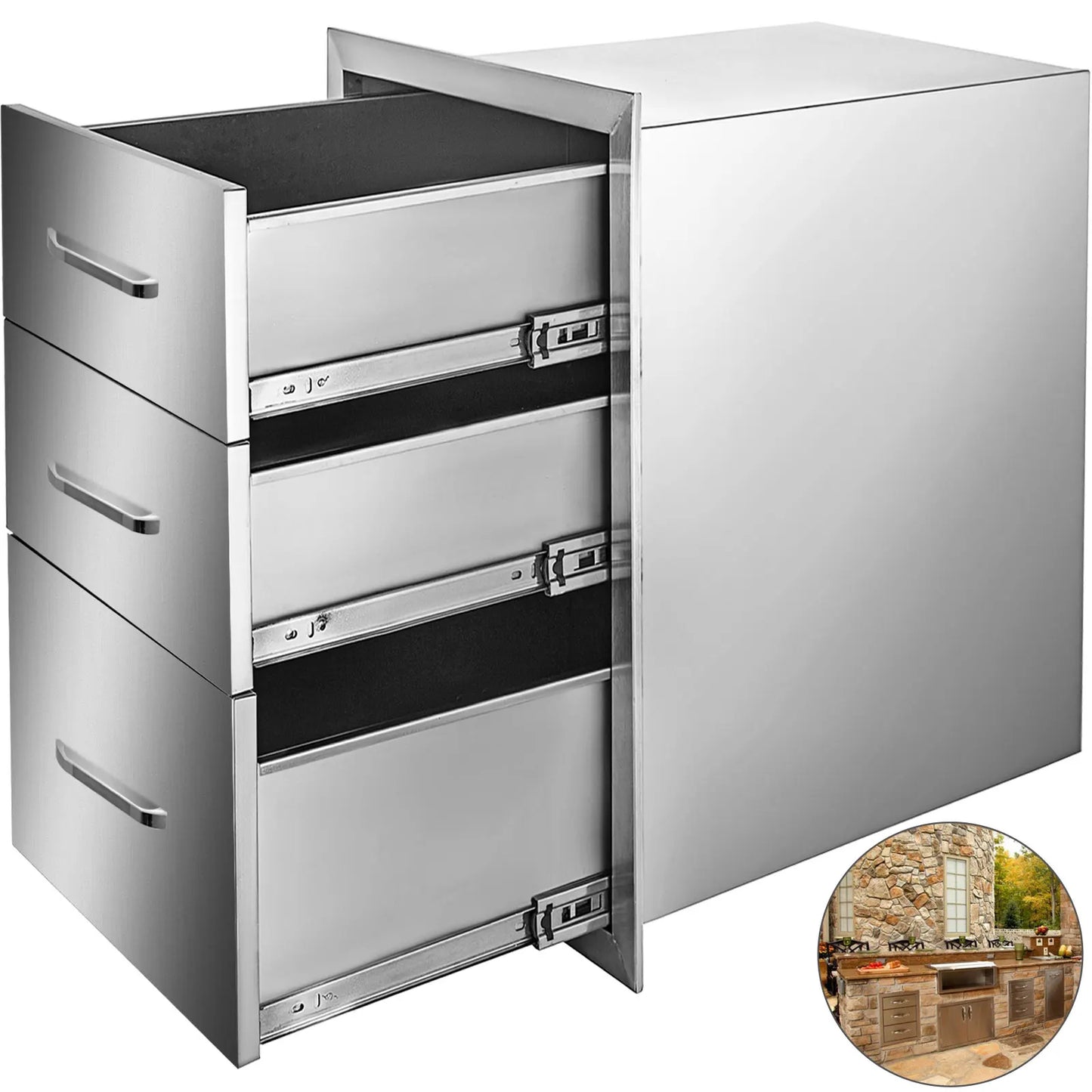 SucceBuy Stainless Steel Outdoor Kitchen Drawer With Handle Triple Layer for BBQ Island Grilling Cabinet Storing Cookware