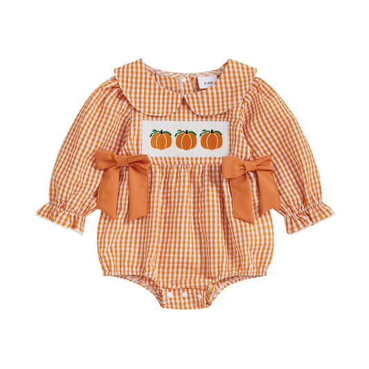 Toddler Halloween Plaid Romper with Witch Hat Embroidery and Ruffle Sleeves Adorable Baby Girl Pumpkin Jumpsuit with Bow Detail