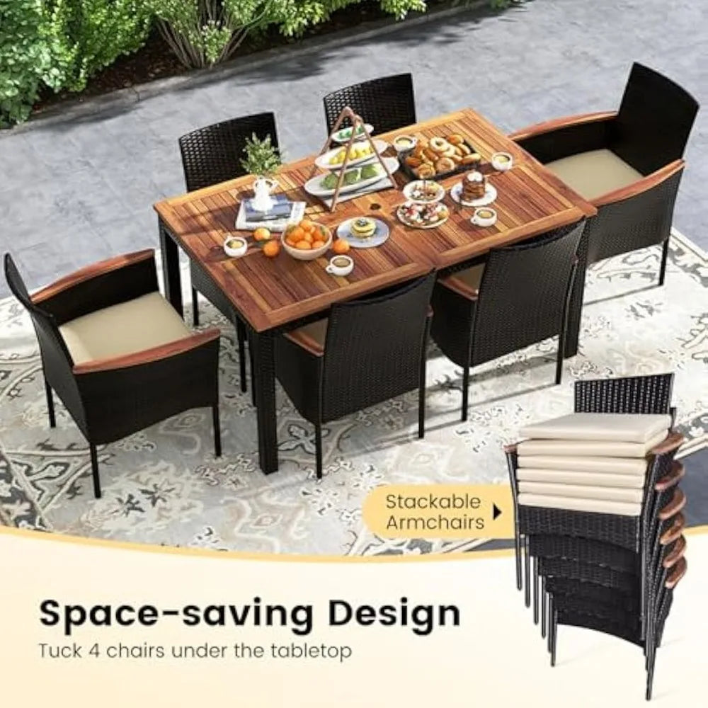 Outdoor Dining Set for 6, PE Rattan Wicker Patio Furniture Set with Wood Table & Cushioned Armchairs, 1.96'' Umbrella Hole, Pat