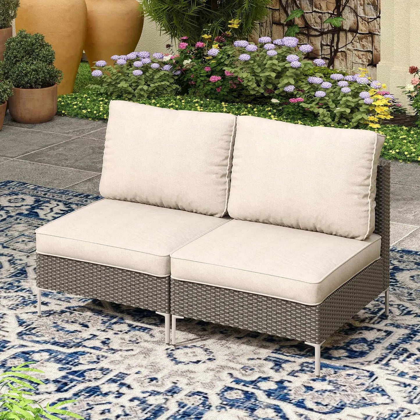 7 Pieces Wicker Patio Furniture Set, Outdoor Conversation Set Sectional Sofa with Cushion & Glass-Top Coffee Table for Garden