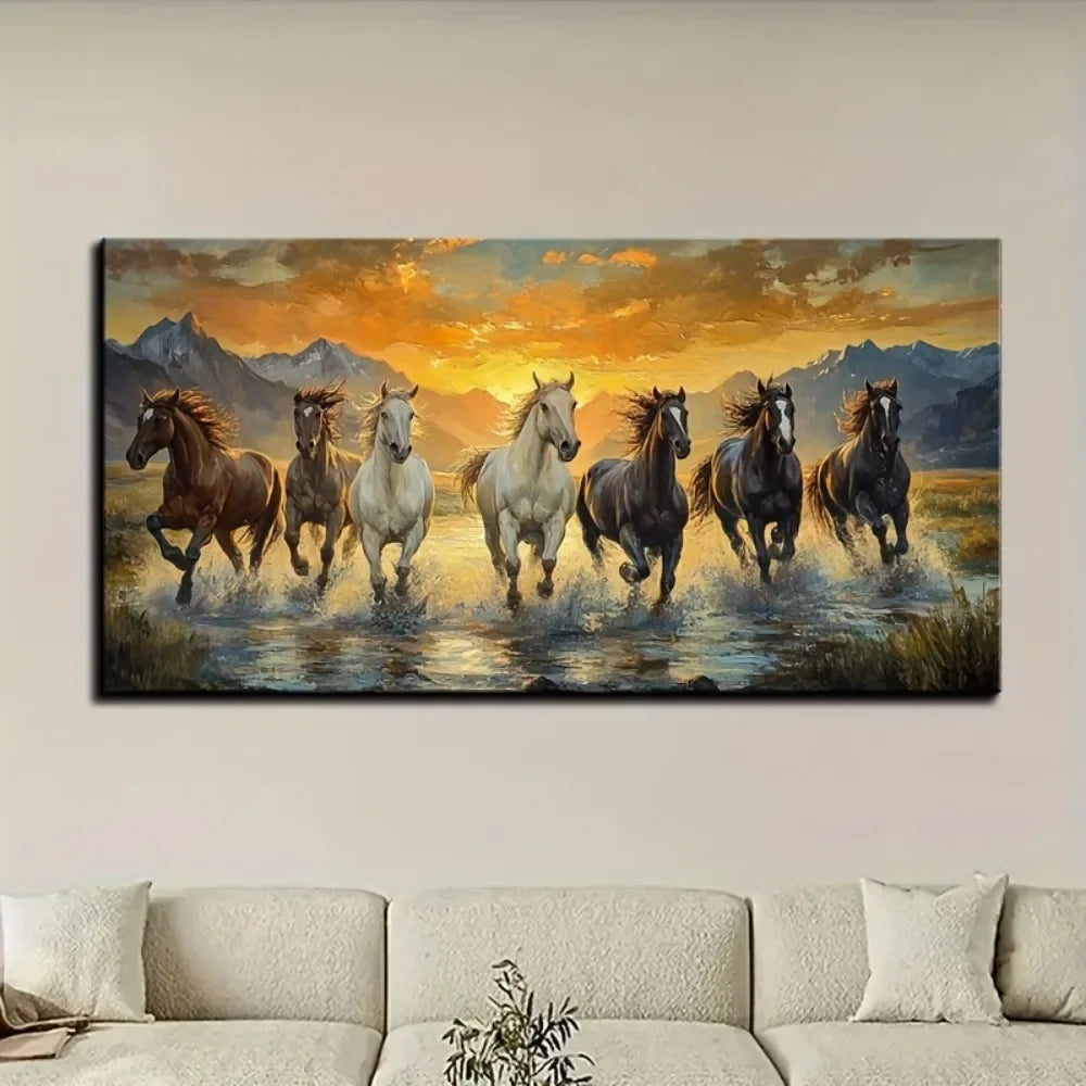 Elegant Feng Shui Seven Horses Canvas Art With Pine Frame
