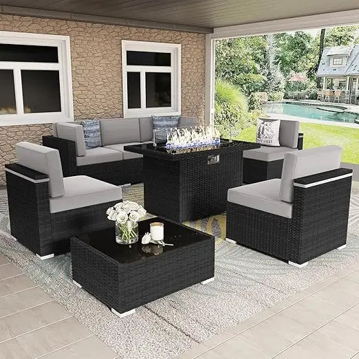 8 Pieces Patio Furniture Set with 44" Propane Gas Fire Pit Table, Outdoor Sectional Wicker Conversation Sofa Sets with Coffee Ta