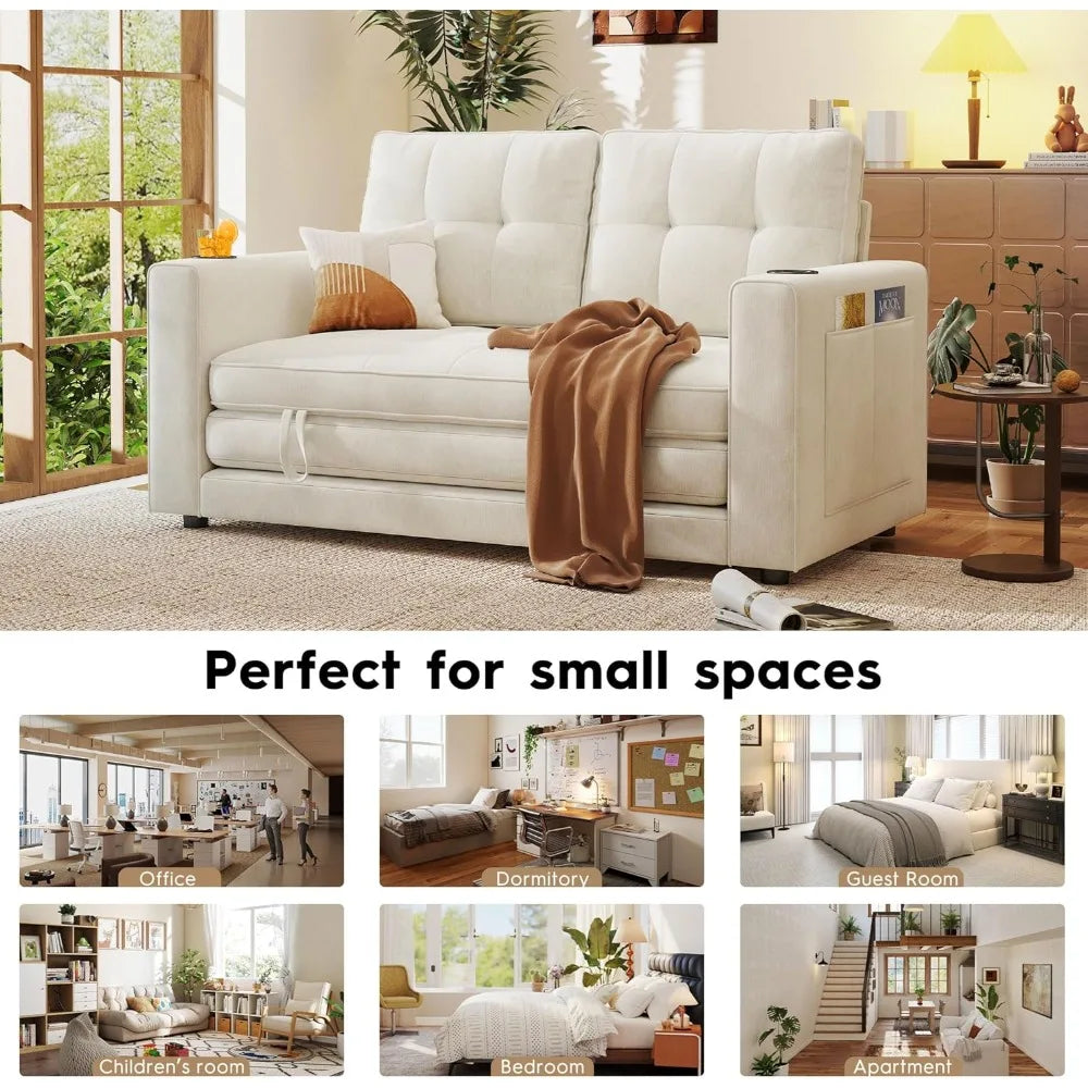 55" Convertible Folding Sofa Bed, Pull Out Couch Love Seat Sleeper Bed, Small Fold Out Loveseat Sleeper with Cup Holder