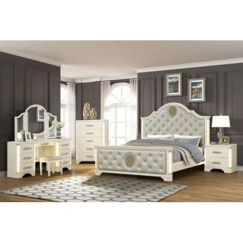 Queen Size 5 Piece LED Vanity Bedroom Set In Beige Wood
