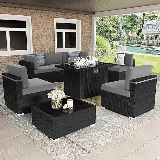 8 Pieces Patio Furniture Set with 44" Propane Gas Fire Pit Table, Outdoor Sectional Wicker Conversation Sofa Sets with Coffee Ta