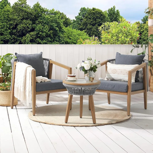 Aluminum Outdoor Patio Furniture Set, 3 Pieces Outdoor Bistro Set with Wood Grain Finish, Rope Patio Sofa Set for 2 with
