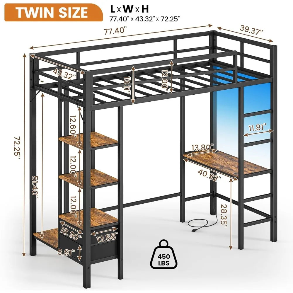 Loft Bed Twin Size with Desk and Charging Station Metal Twin Loft Bed with LED Lights, 4 Storage Shelves & 2 Fabric Drawers, Tw