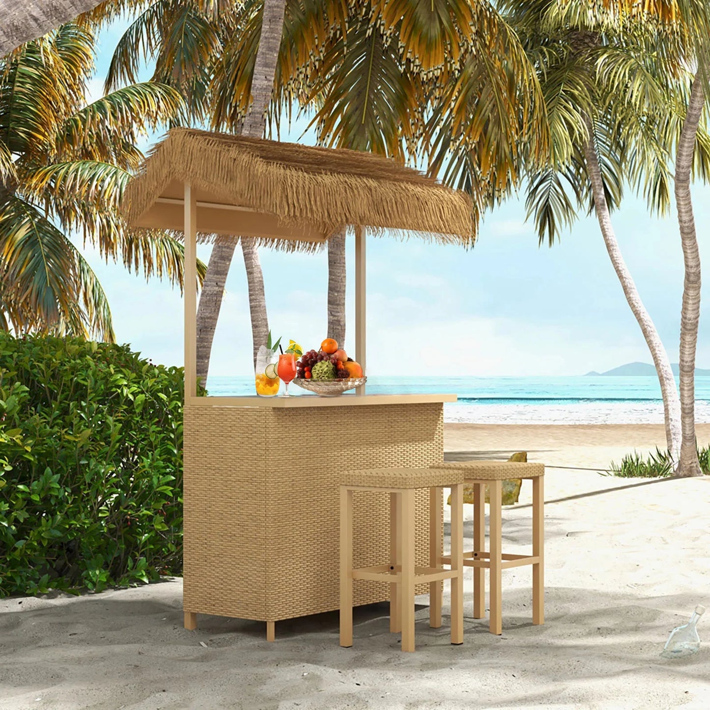 Outdoor Tiki Bar Set with Widen Ceramic Top (42" W), Phuket 3-Piece Wicker Islander Tiki Bar and 2 Stools Storage for Garden