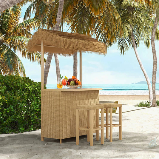 Outdoor Tiki Bar Set with Widen Ceramic Top (42" W), Phuket 3-Piece Wicker Islander Tiki Bar and 2 Stools Storage for Garden