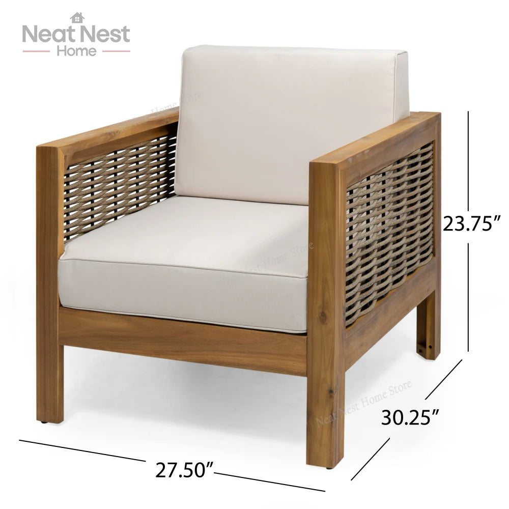 Outdoor Acacia Wood Club Chair with Wicker Accents, Teak Finish ,Mixed Brown,Beige,Patio Furniture Conversation Set for Backyard