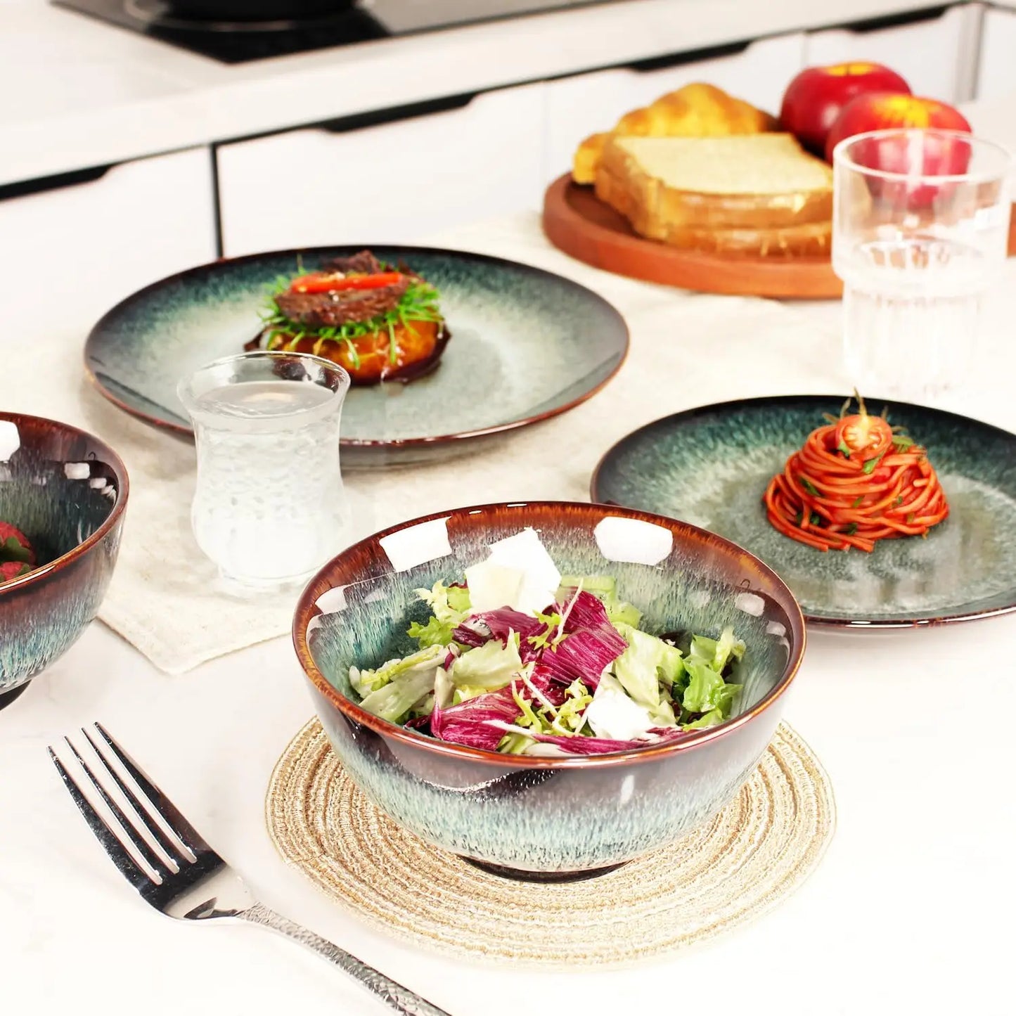 Dinner Set 12 Pieces - Round Reactive Glaze Tableware - Kitchen Dinnerware Porcelain Crockery with Dinner Plate, Bowl and Soup P