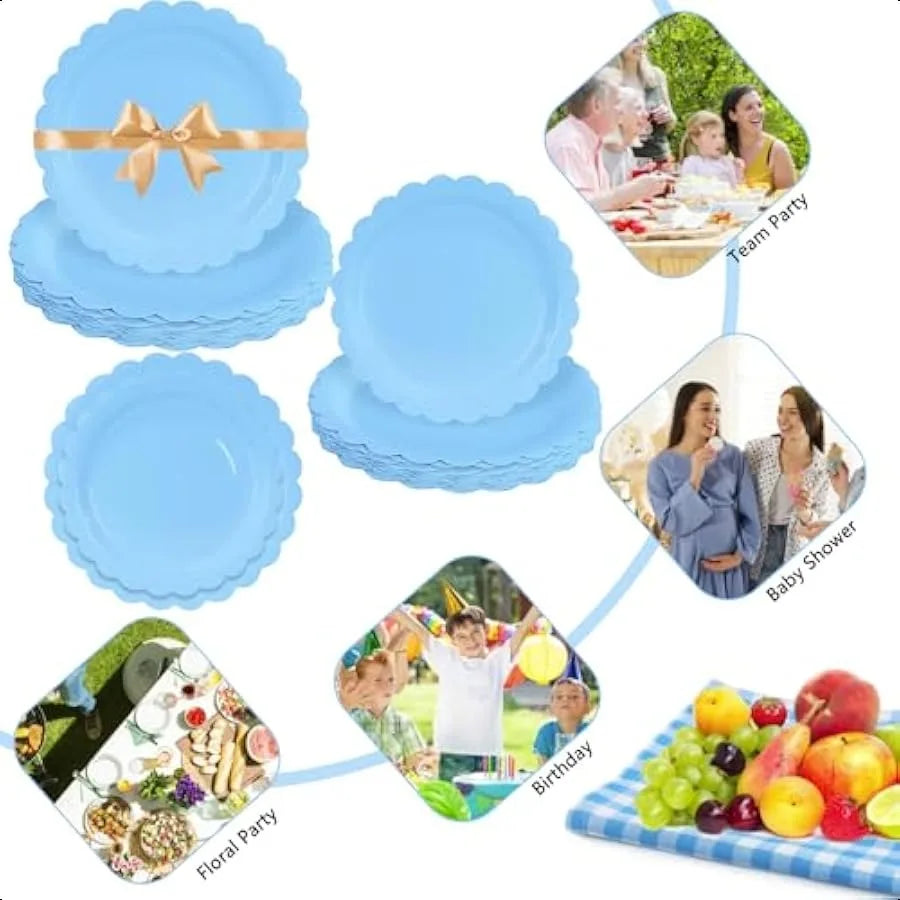 50 Pcs Light Blue Scalloped Paper Plates 7 Inch and 9 Inch Baby Blue Scalloped Dinner Plates for hower Birthday Wedding Party S