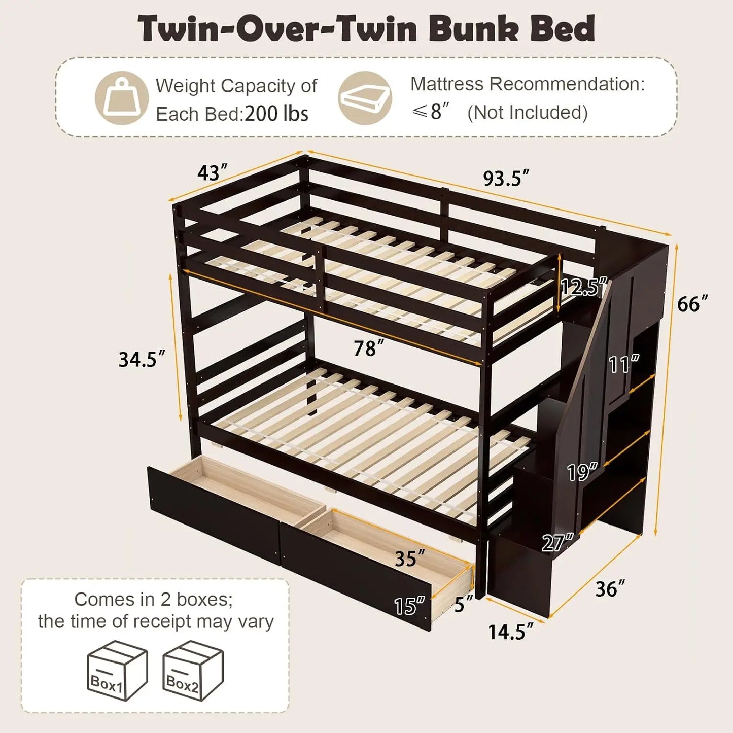 Wood Twin Over Twin Bunk Bed with 2 Storage Drawers & Stairs, Bunk Beds with Safety Guardrail & Shelves,