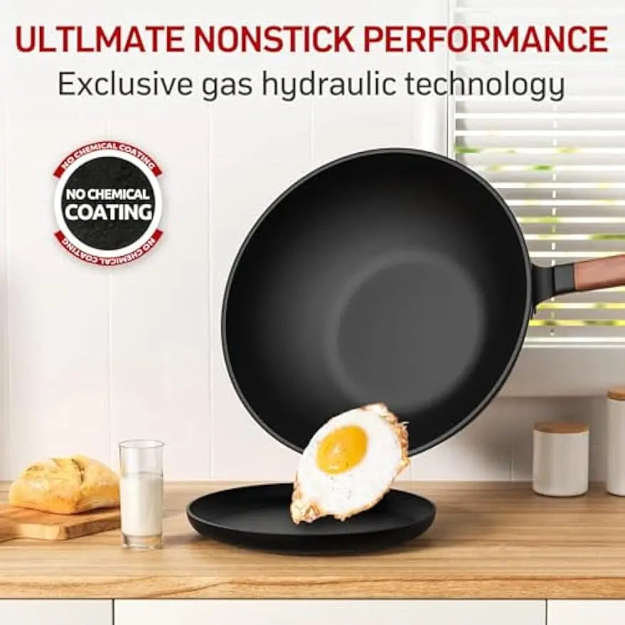 13-Inch Carbon Steel Wok with Glass Lid and Spatula for Induction, Electric, Gas Stoves