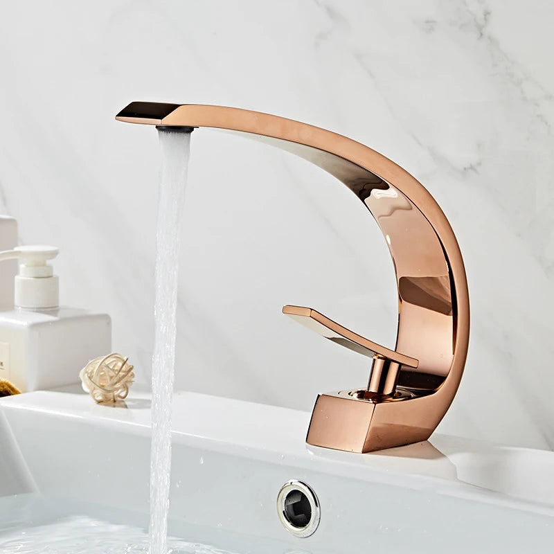 Bathroom Basin Faucet Arc Waterfall Tap Deck Mount Single Handle Single Hole Cold Hot Water Mixer Washing Sink Crane