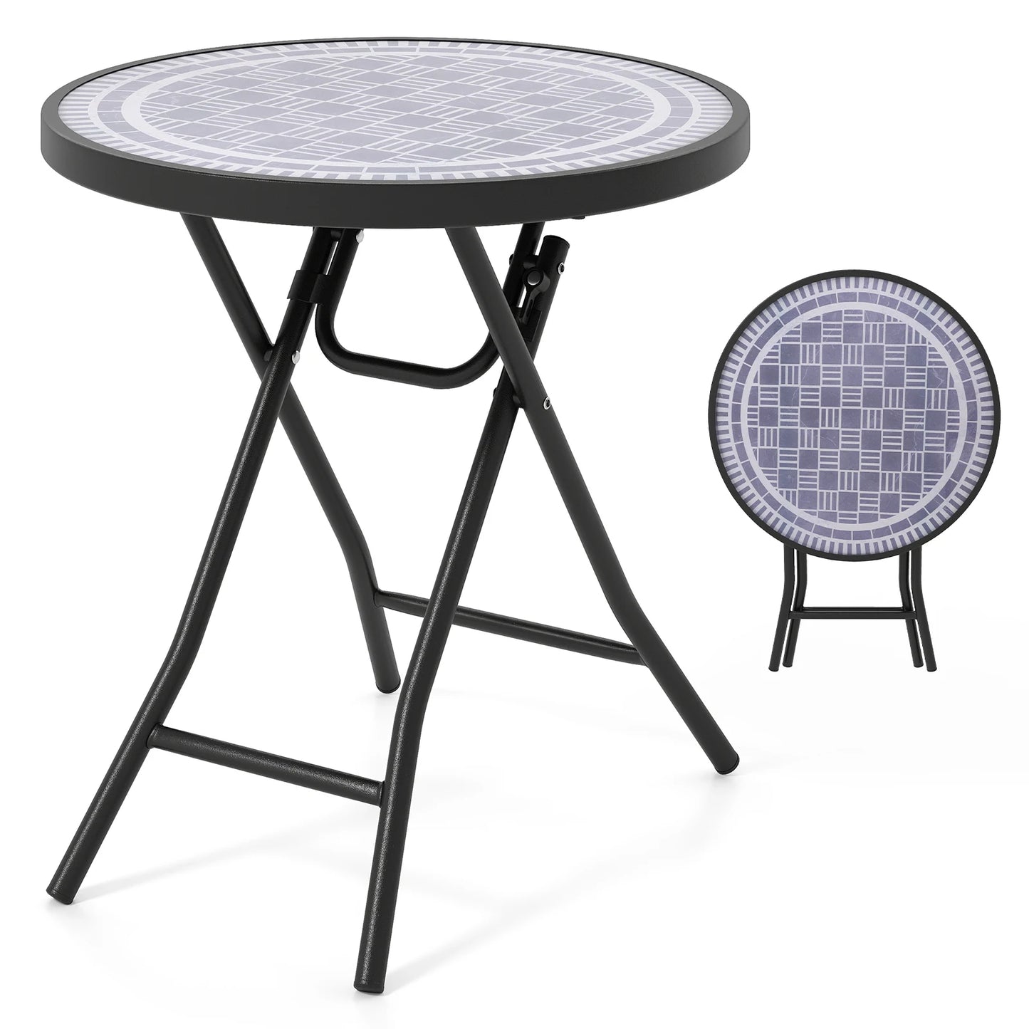 18" Folding Side Table Round Compact Coffee Table w/Tempered Glass Tabletop