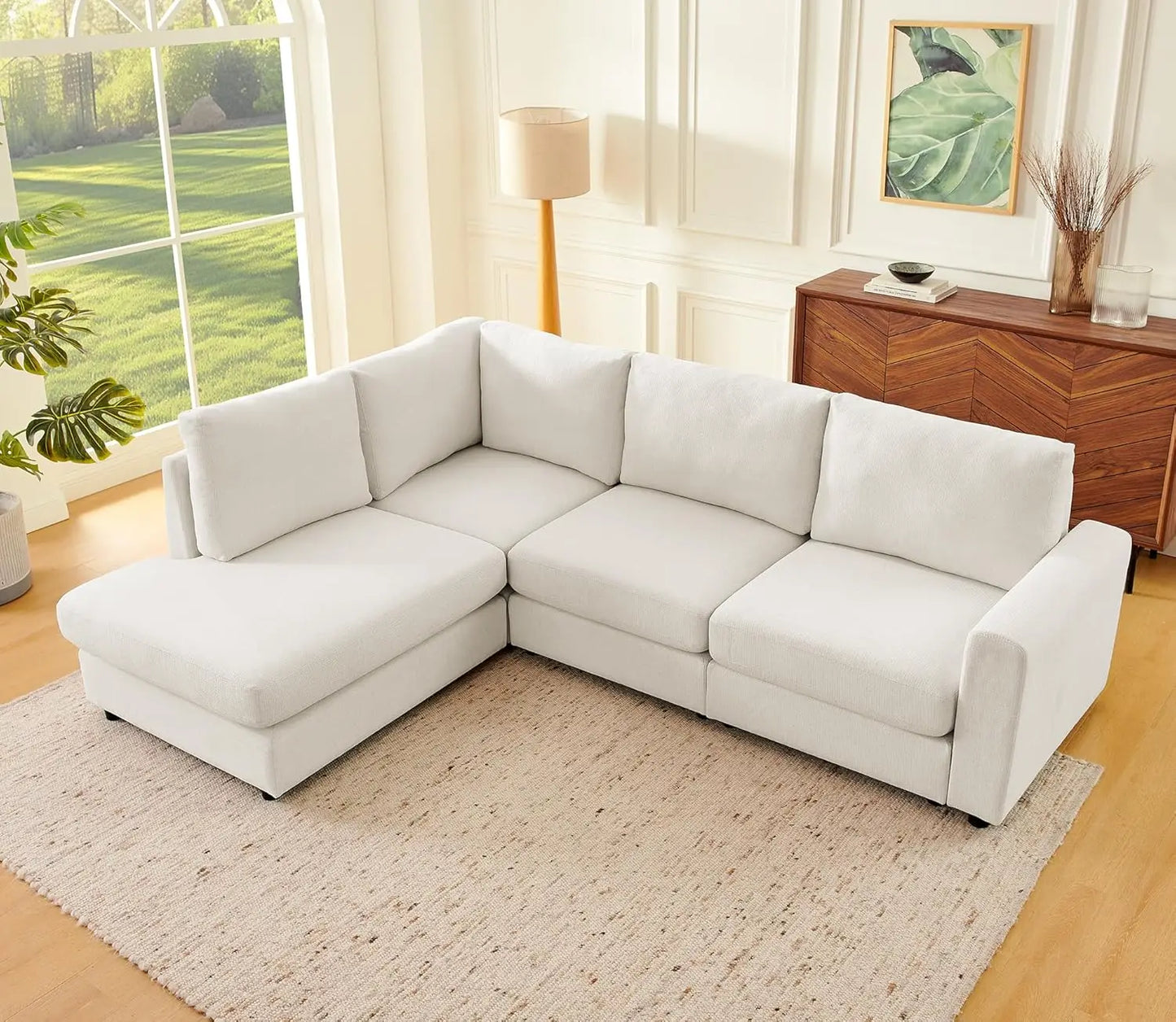 100" L Shaped Sectional Couch with Chaise, Modern Beige Sectional Couches for Living Room, Comfy Chenille 4-Seater Corner Sofa