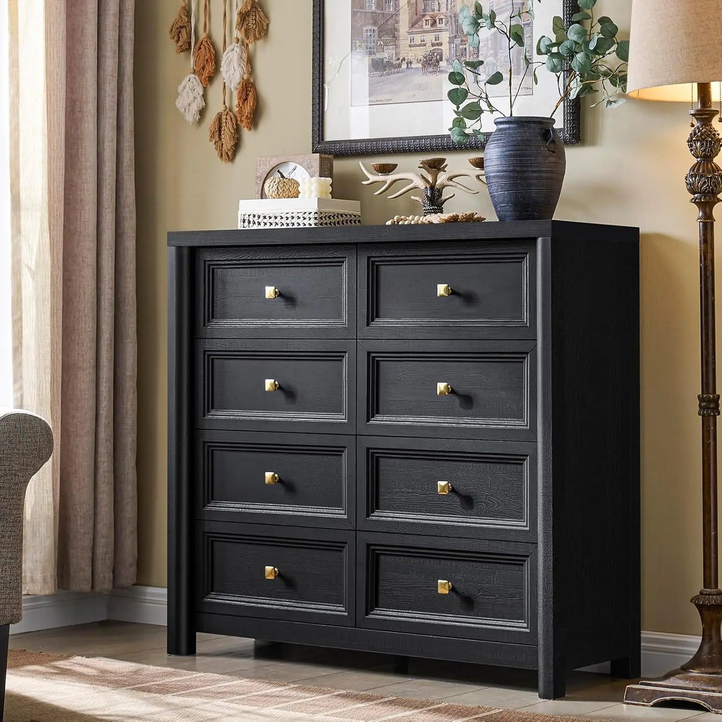 Black Dresser, Farmhouse 6 Drawer Dresser for Bedroom, 52 inch Wide Dressers with Deep Drawers, Vintage Dressers, Solid Wood