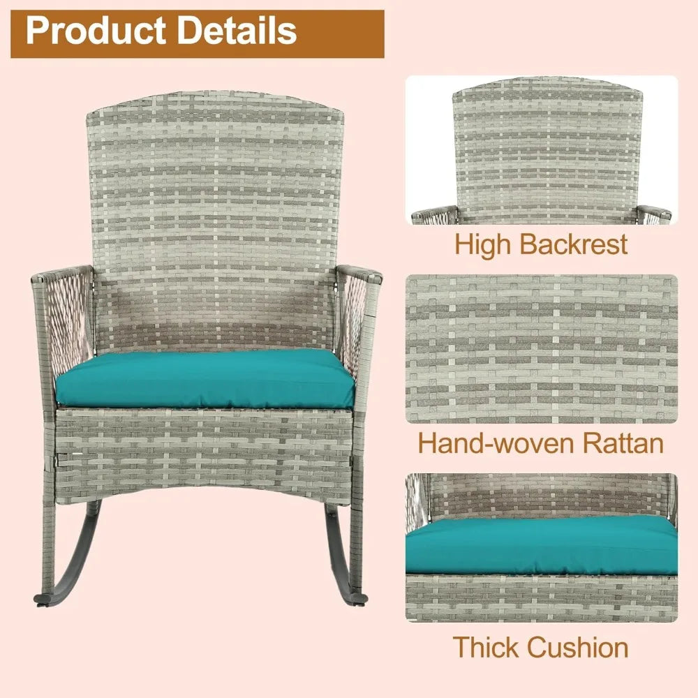 3 Piece Patio Conversation Set, Outdoor Rocking Chairs Set of 2, Wicker Furniture Set with Glass Top Coffee Table and Cushions