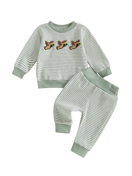Kids Winter 2Pcs Outfits Long Sleeve Crew Neck Bear Embroidery Sweater Striped Jogger Pants Set for Boys