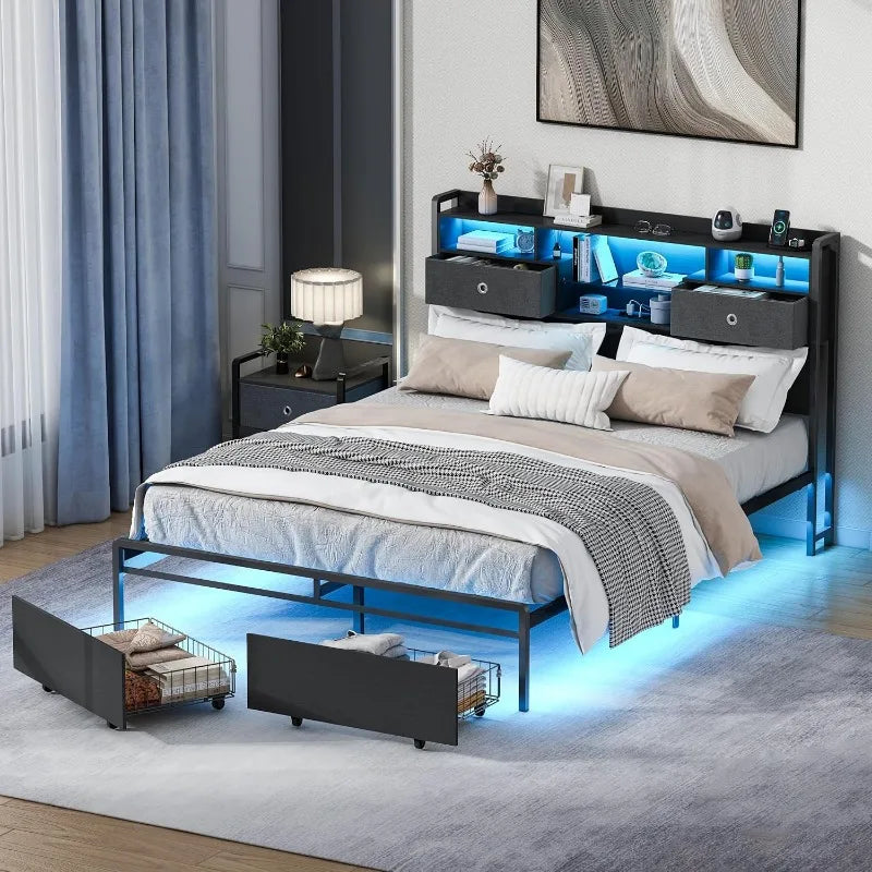 Full Size Bed Frame Full Size 3-Tier Storage Headboard, 2 Storage Baskets, LED, Charging Station No Box Spring Needed (Full)