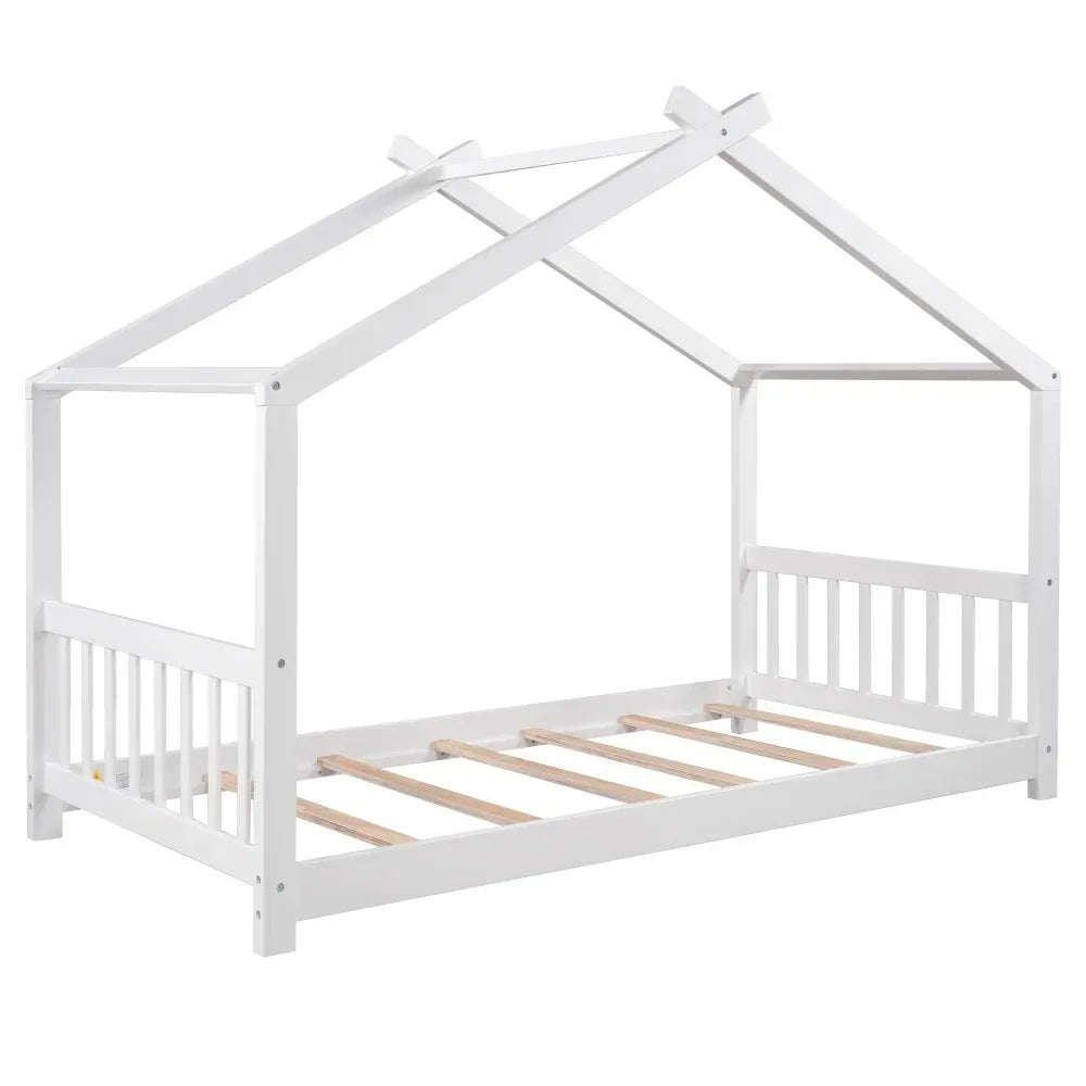 White house Children Beds，Low Profile House Bed, Wood House-Shaped Twin Platform Bed for Kids, No Box Spring Needed