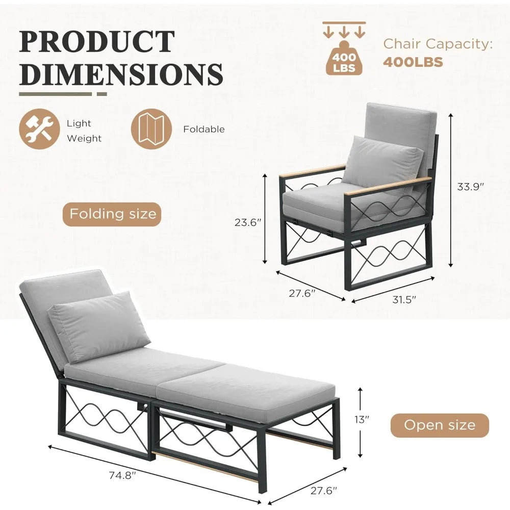 Outdoor Metal Chaise Lounge Chair, Convertible Patio Armchair with Cushions, Adjustable 5-Position Sun Recliner