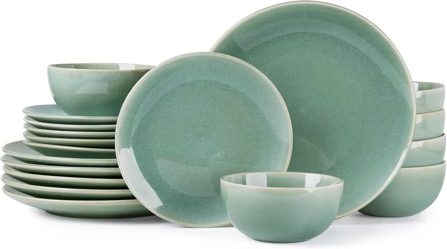 Ceramic Dinnerware Sets for 6, 18 Pieces Stoneware Plates and Bowls Sets, Reactive Glaze Dishes -Scratch Resistant, Dishwasher&M